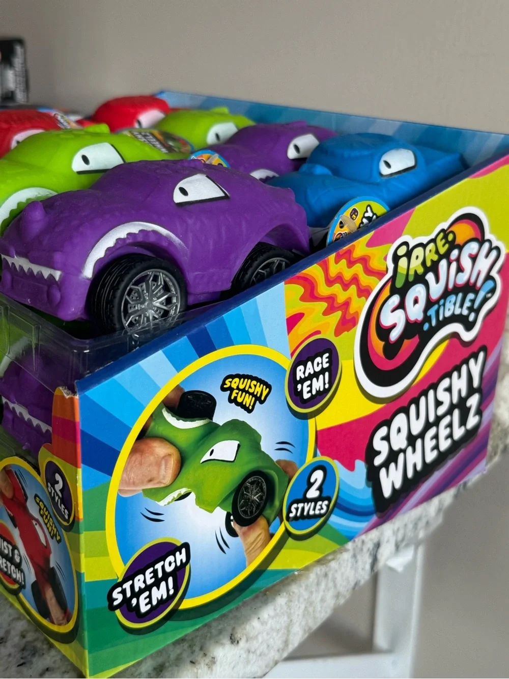 Stretch Toy Car Pack - Blue, Red, Green, Purple monster truck squishy
